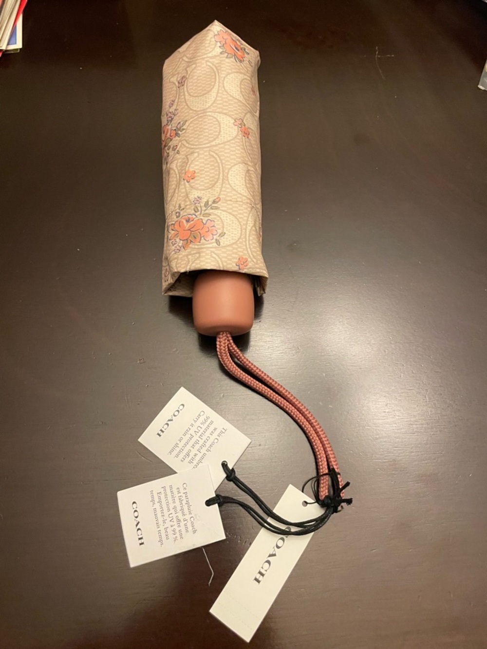 Coach Beige Floral Compact Umbrella with Pink/Mauve Accents